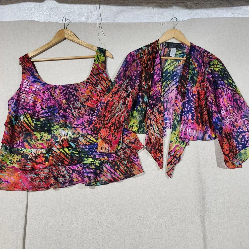 Alex Evenings Womens 1X 2 Piece Set Abstract Multi Color Tiered Top Shrug Jacket